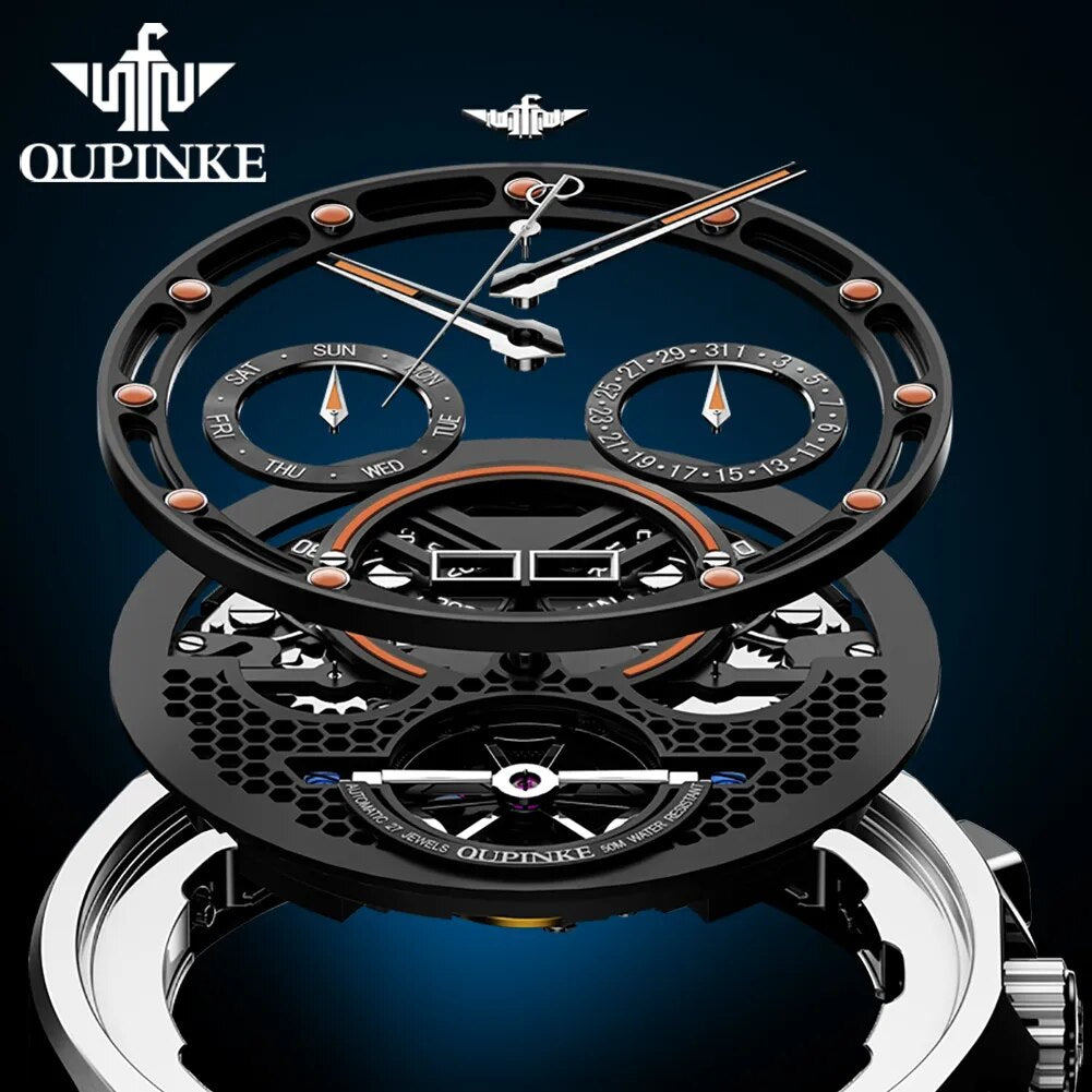 Original New in Skeleton Automatic Watch for Men Tungsten Steel Mechanical Wristwatch Multi-Functions Business Man Watch