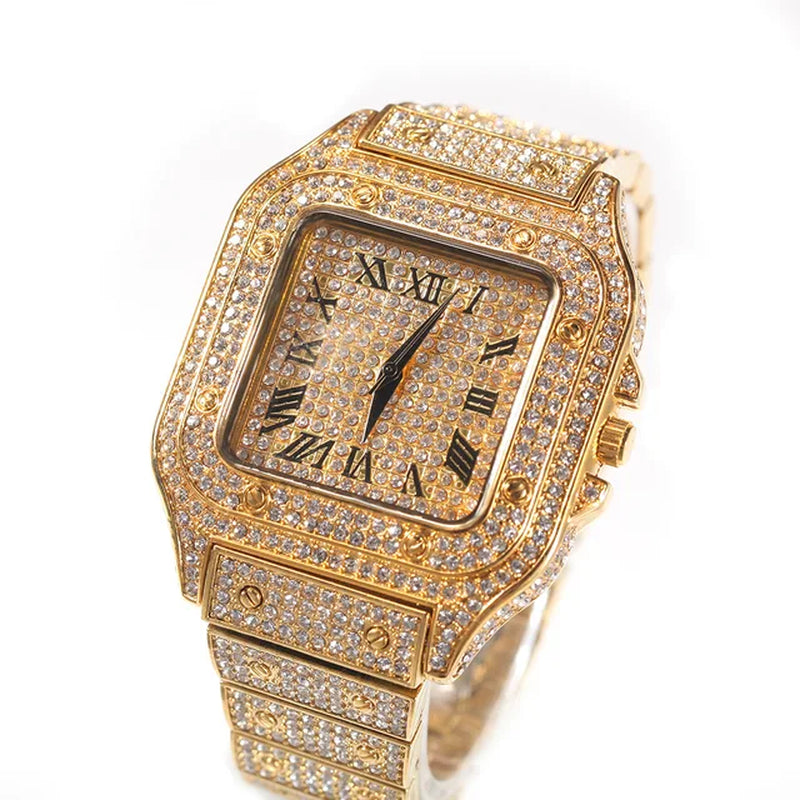 Watches for Men Luxury Hiphop Iced Out Watches Gold Sliver Rhinestone Quartz Square Wristwatch Relogio Masculino Groomsmen Gifts