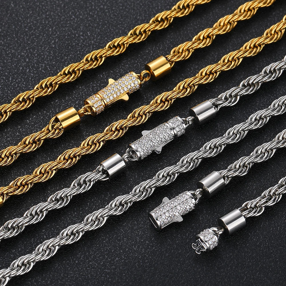 New Style 6Mm Iced Out Clasp Rope Chain Stainless Steel Twist Rope Chain Necklace Jewelry for Women Free Shipping