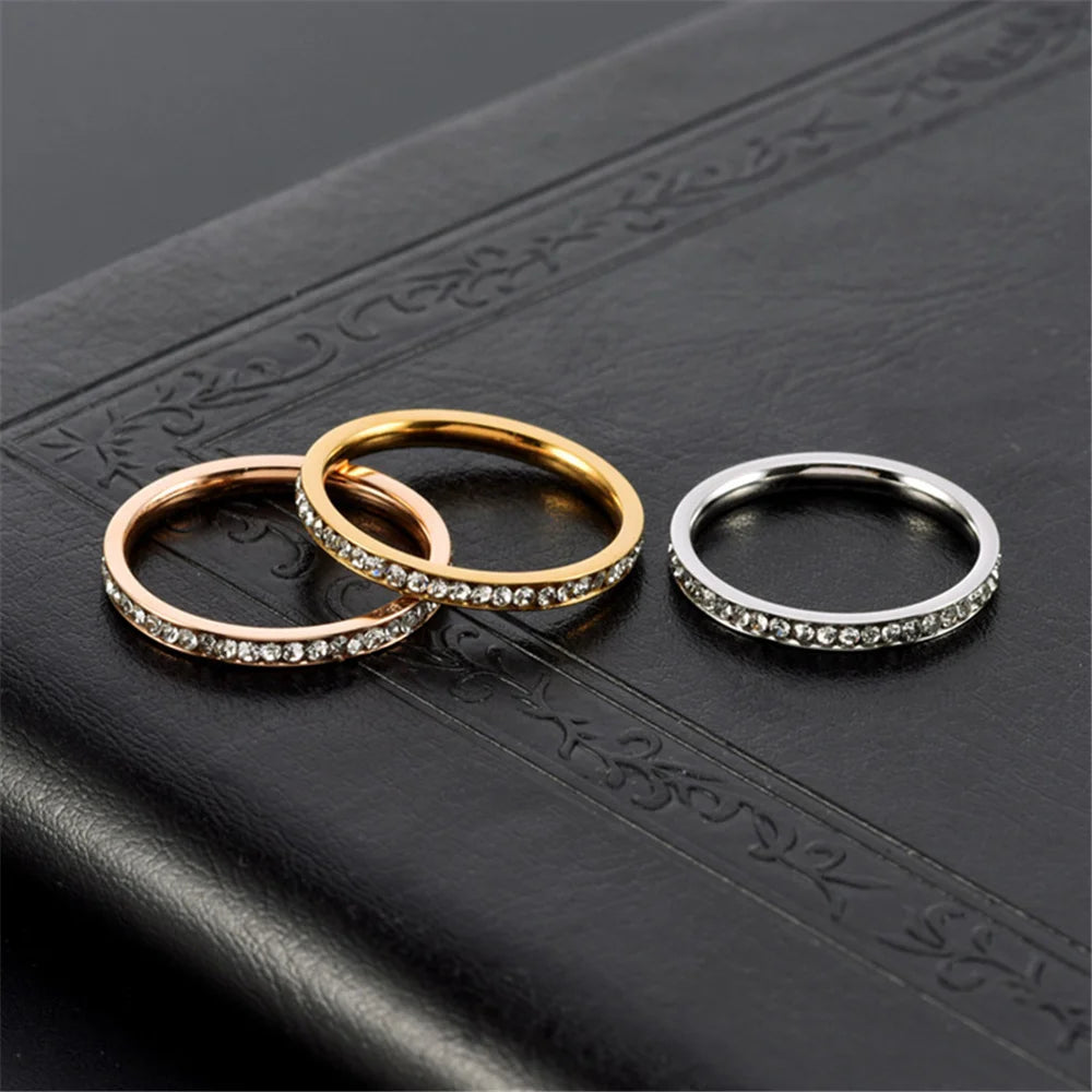 2Mm Iced Out Cubic Zirconia Ring Female Gold Silver Color Stainless Steel Wedding Rings for Women Fashion Jewelry Gift