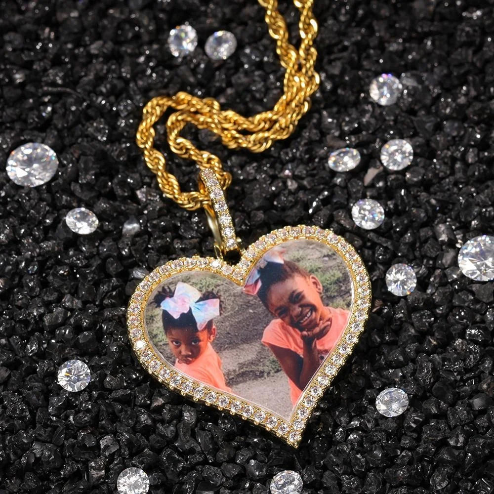 Custom Photo Necklace Heart Men Charm Hiphop Bling Iced Out Jewelry Solid Back for Gift Tennis Chain