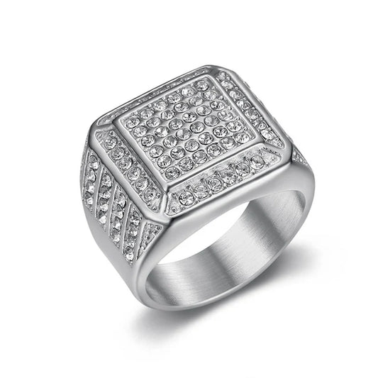 HIP Hop Rhinestone Paved Bling Iced Out Stainless Steel Geometric Square Finger Ring for Men Rapper Jewelry Gift