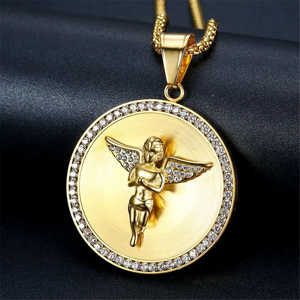 Hip Hop Iced Out Bling Angel Pendant Necklace for Men Gold Color Stainless Steel Rhinestone round Necklace Jewelry Dropshipping