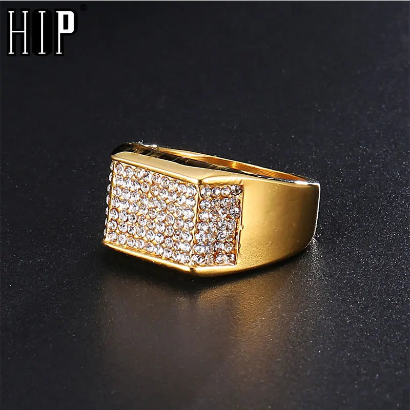 Hop Gold Color Stainless Steel Micro Pave Rhinestone Iced Out Bling Square Rings for Men Jewelry Dropsping